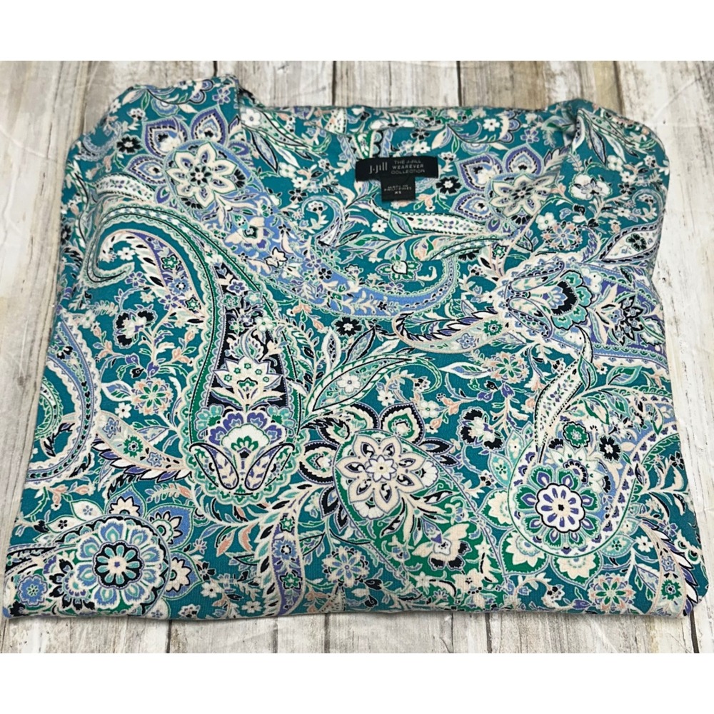 J.Jill Wearever Teal Paisley Knit‎ T-Shirt  Short Sleeve Dress Size  XS.  EUC